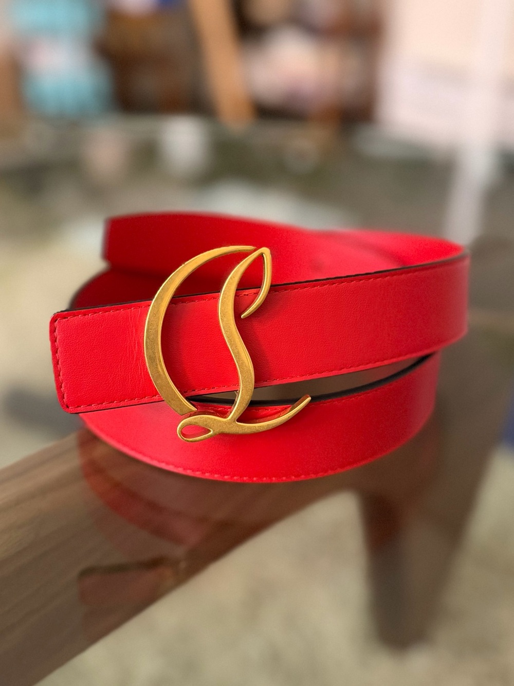 Christian Louboutin Red Leather Belt with Gold Monogram Buckle